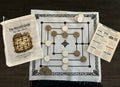 Nine Men's Morris game board, wooden pieces, pouch, and rules card