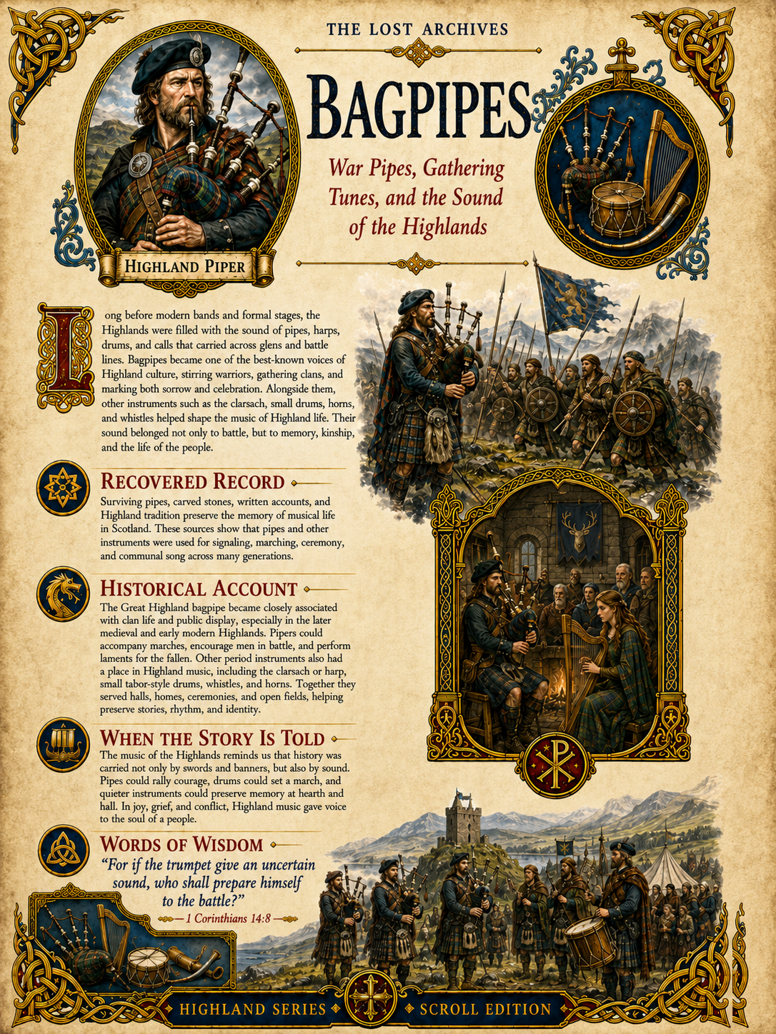 Bagpipes – War Pipes, Gathering Tunes, and the Sound of the Highlands | Highland Series | Lost Archives Scroll