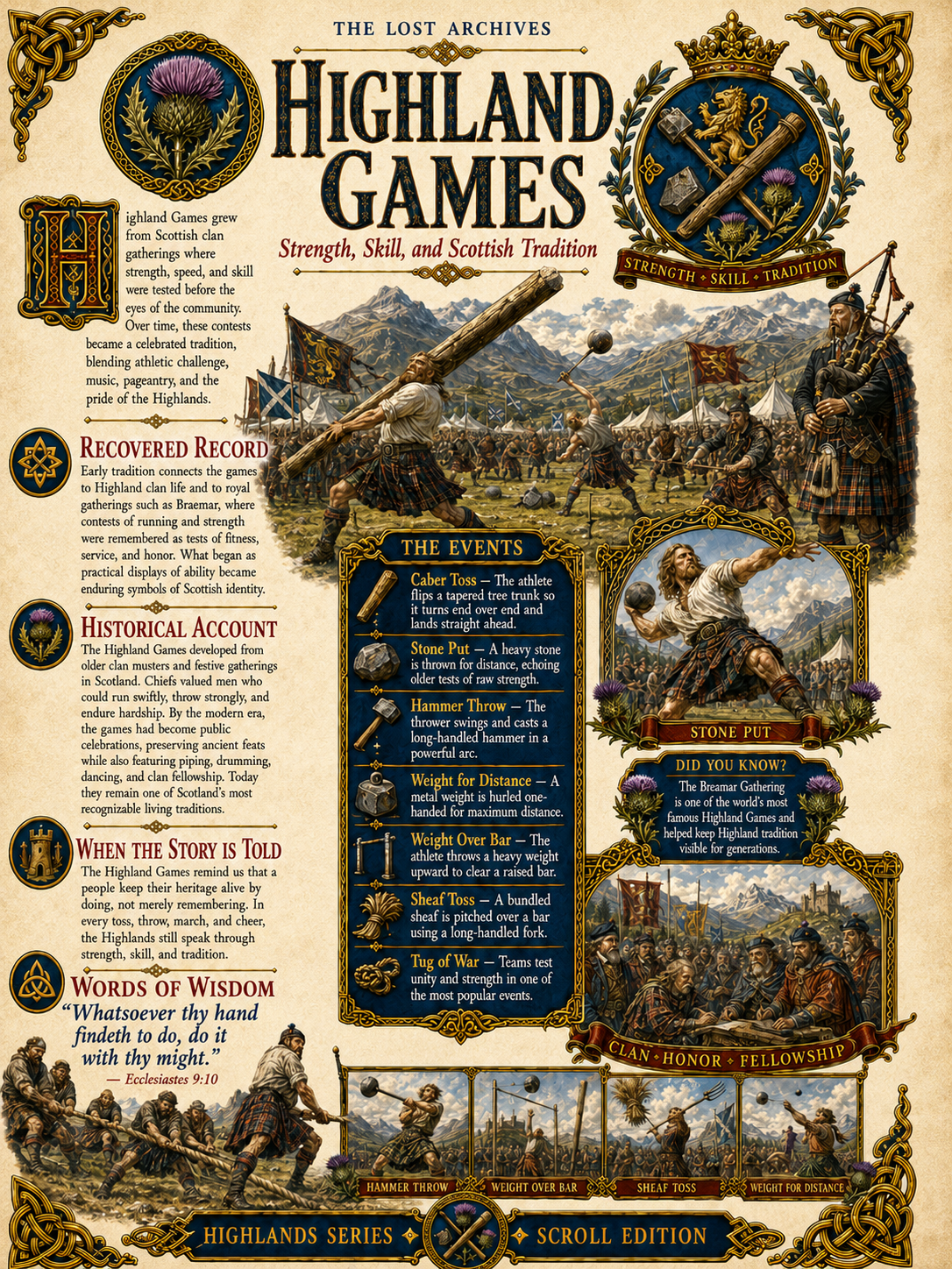 Highland Games – Strength, Skill, and Scottish Tradition | Highlands Series | Lost Archives Scroll