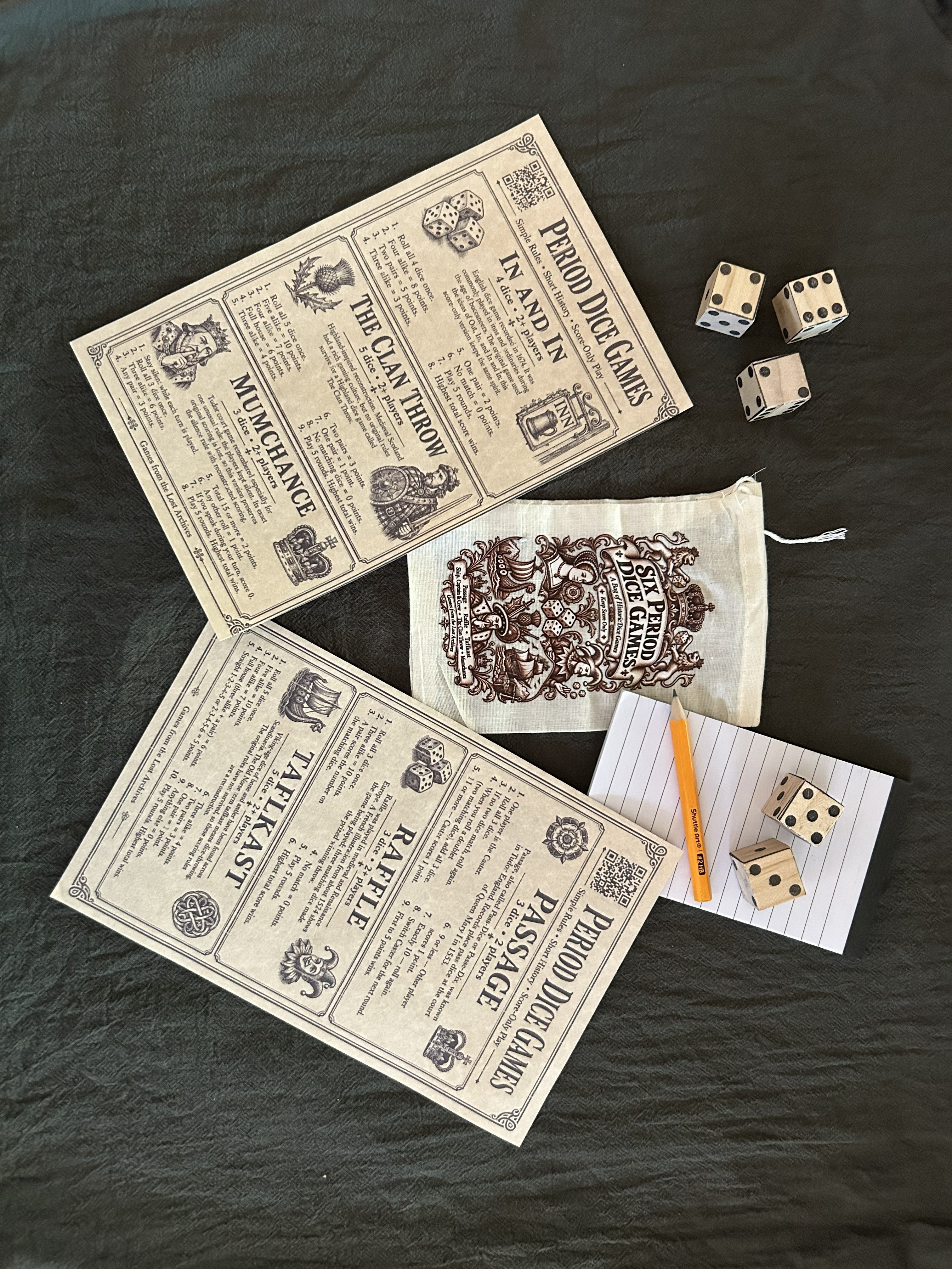 Medieval & Renaissance Dice Games — six period dice games with pouch, rules sheets, dice, and pencil