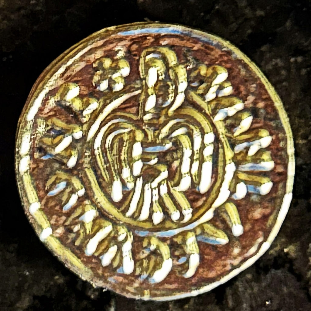 Stylized bird on a gold-colored Raven Penny replica