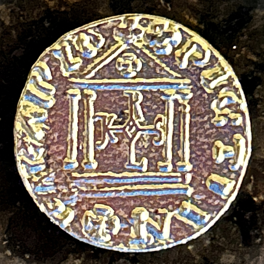 Architectural reverse of the silver-colored Charlemagne denar replica