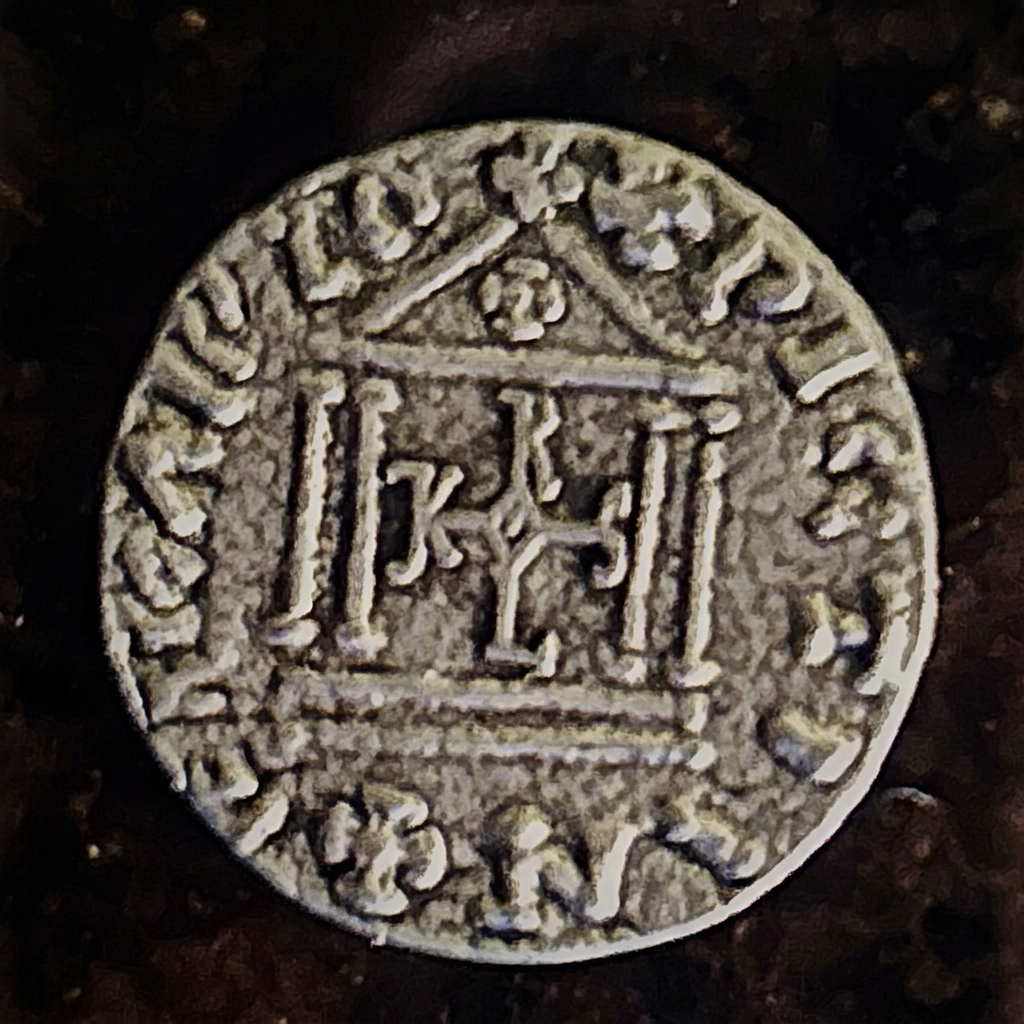 Columned building on the reverse of a Charlemagne denarius replica coin
