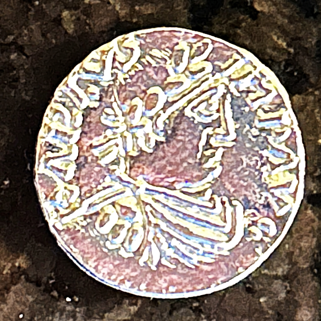 Portrait side of the silver-colored Charlemagne denar replica