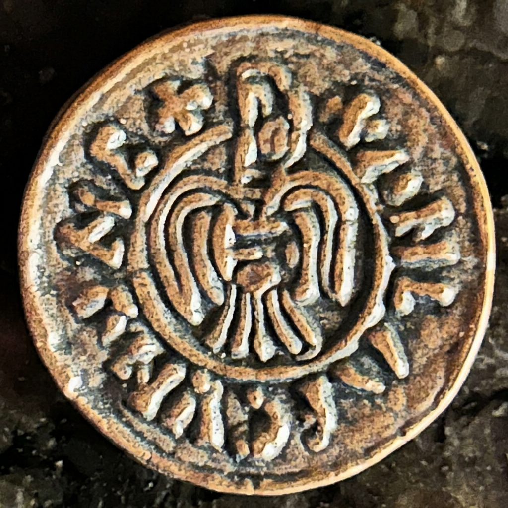 Raven design on the front of a copper-toned Raven Penny replica